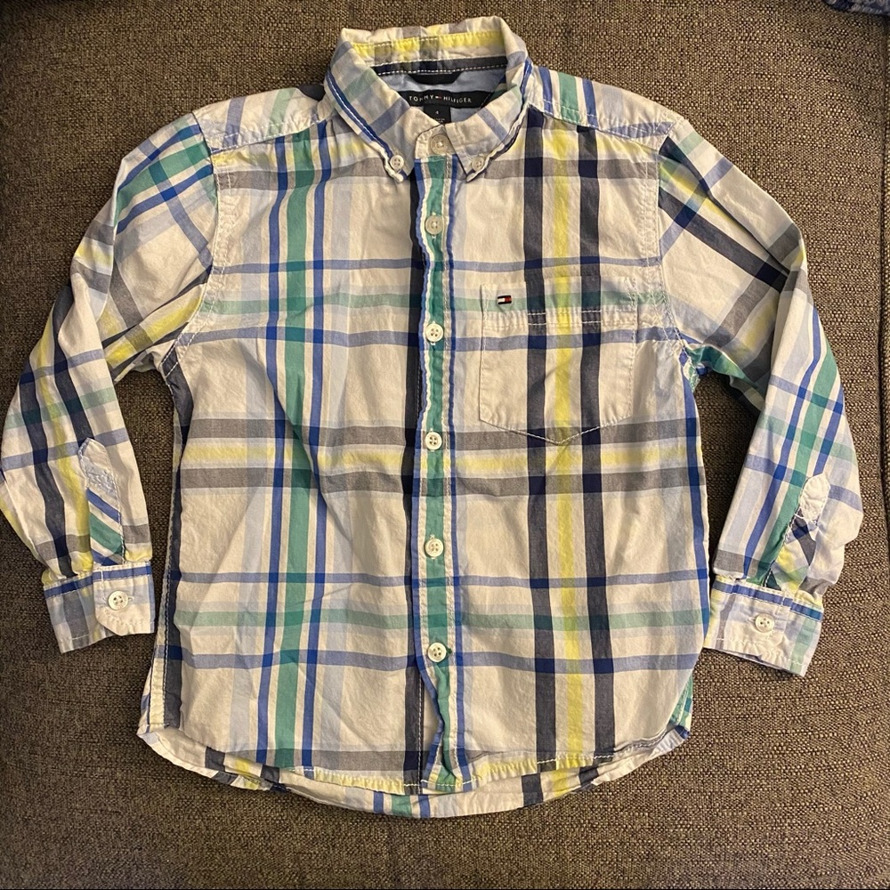 Tommy Hilfiger Boys Plaid Button Down Shirt Size 4 White Yellow Blue Green